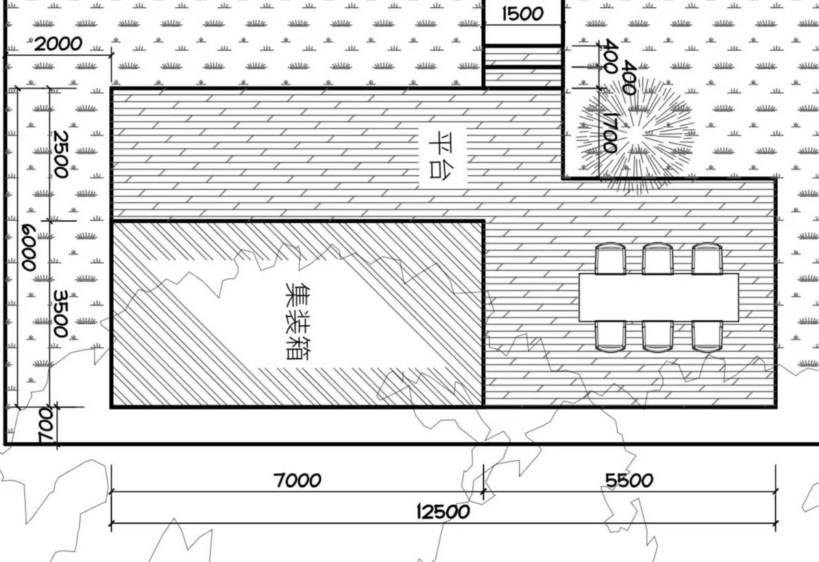 前期平面定位示意:3.5×7米箱体与室外平台、连接步道的关系,示意不等于竣工测量