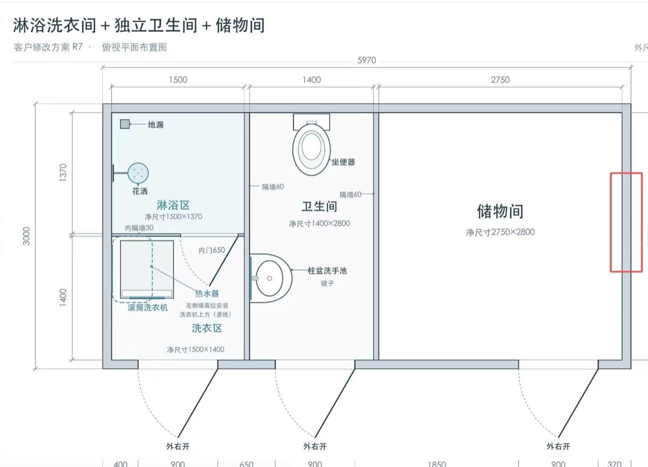 开封西湖营地配套箱最终R7平面图:外尺寸5970×3000毫米,左侧洗衣与淋浴、中间独立卫生间、右侧储物间