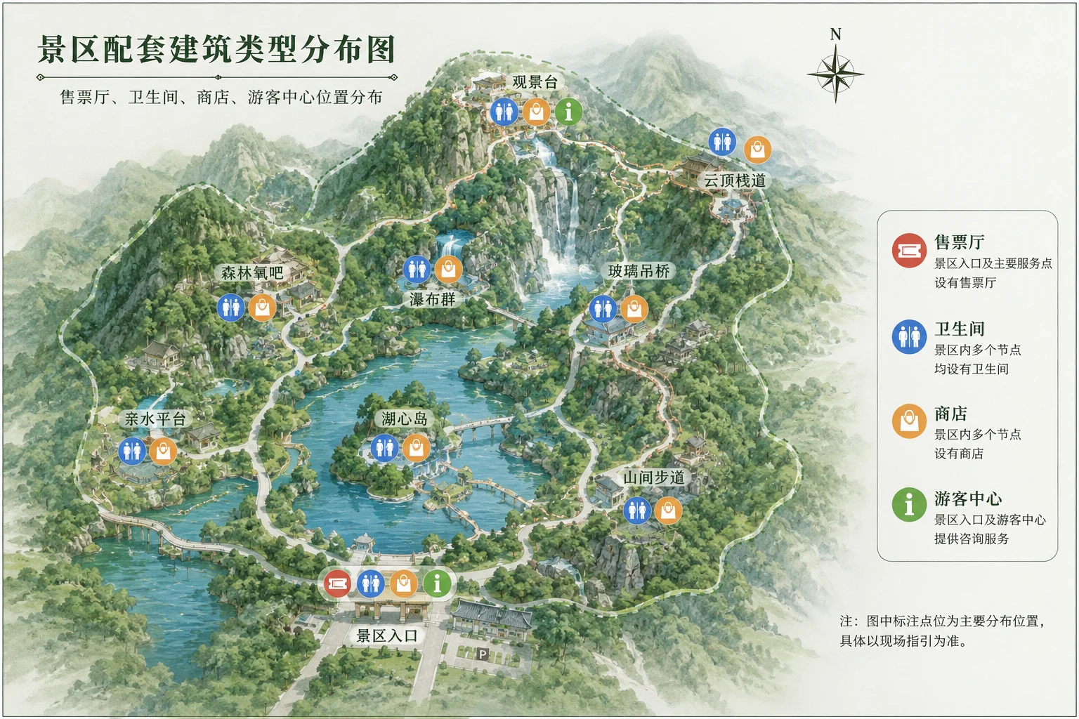 景区售票厅、卫生间、商店和游客中心类型分布示意图