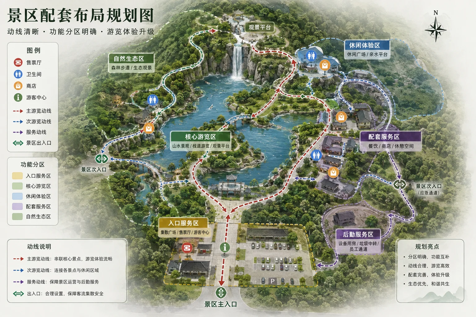 景区入口服务区、核心游览区、休闲体验区和后勤服务区动线规划示意图